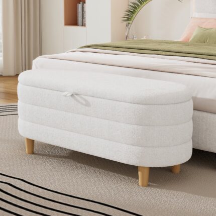 Oval Storage Ottoman with Wood Legs & Sherpa Fabric Upholstered, Storage Bench for Bedroom, Living Room, White